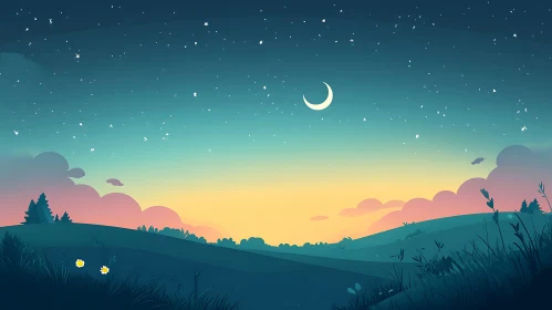 Serene Starry Night Over Rolling Hills