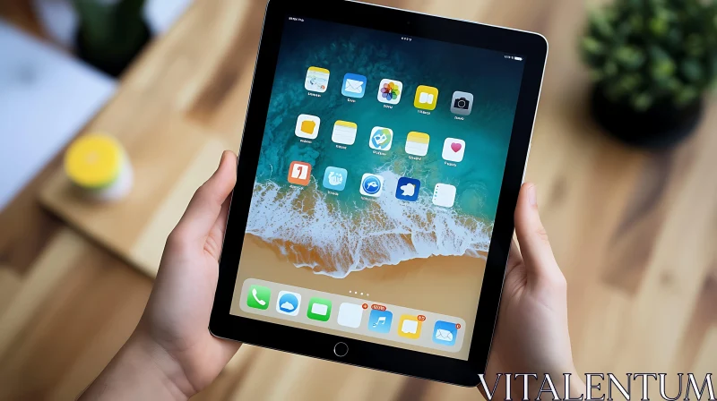 Hands Holding Tablet with Beach Wallpaper AI Image
