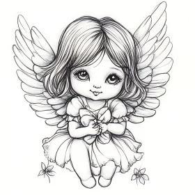 Monochrome Angel Drawing with Wings