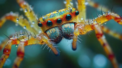 Close-Up Portrait of an Arachnid with Droplets