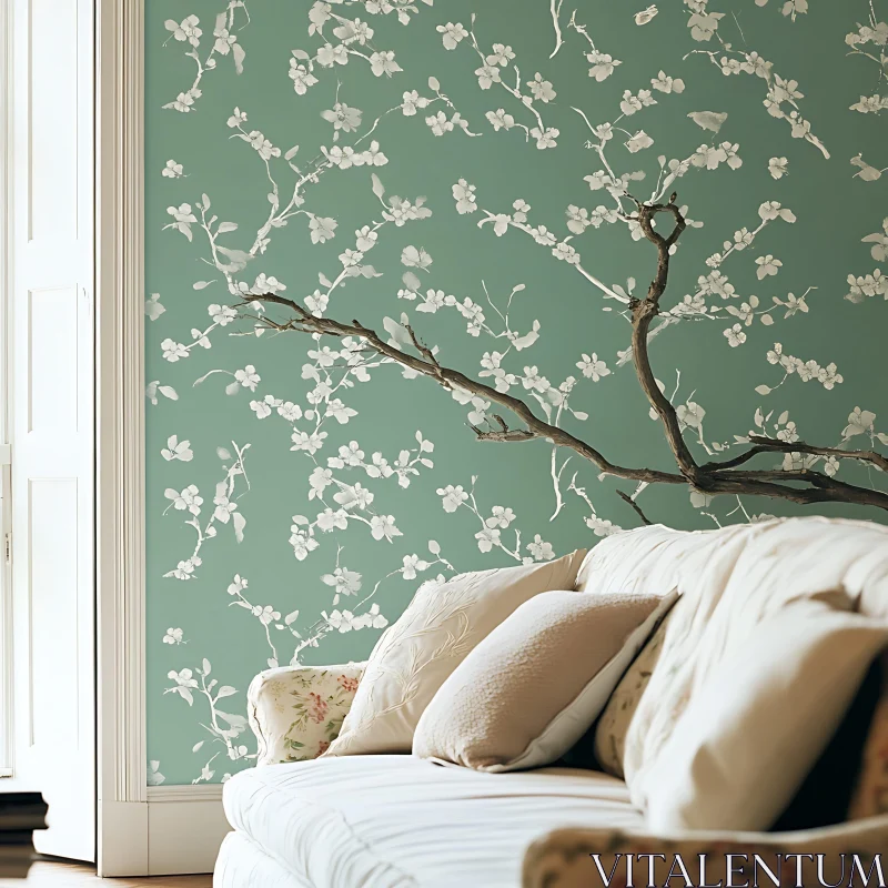 AI ART Floral Wallpaper and Couch in Room