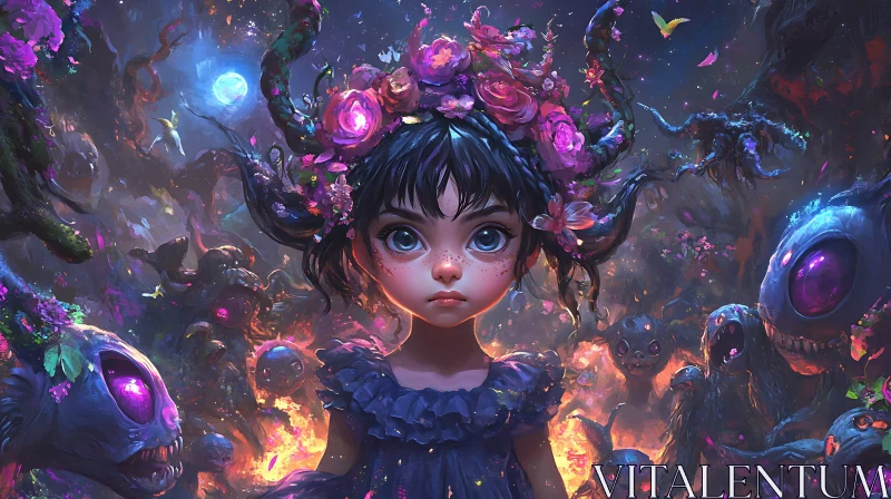 Floral Crowned Child with Fantasy Creatures AI Image