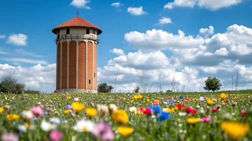 Brick Tower and Wildflower Field