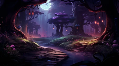 Enchanted Fairy Forest Path - A Nighttime Mushroomcore Illustration