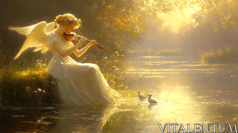 AI ART Golden Angel's Melody by the Water