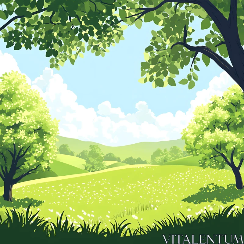 AI ART Lush Meadow Scene with Trees and Sky