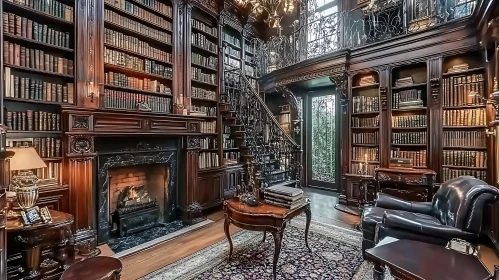 Classic Library with Fireplace and Bookshelves