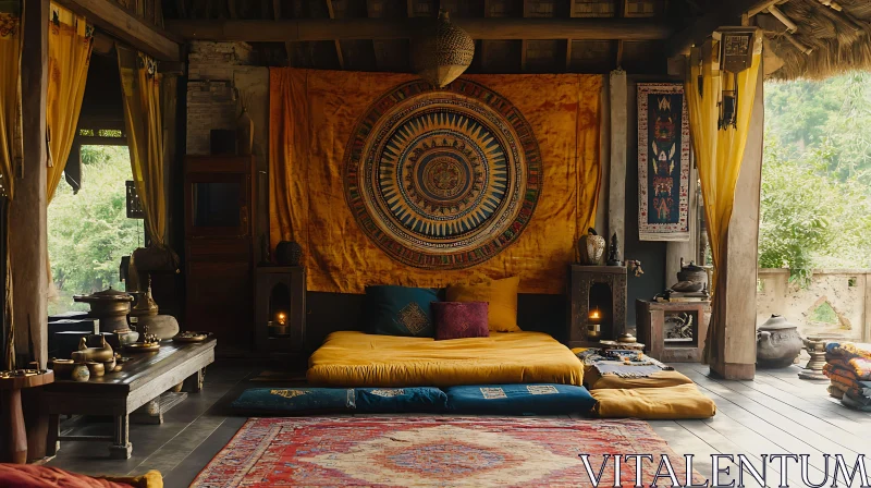 AI ART Relaxing Bohemian Room with Colorful Textiles