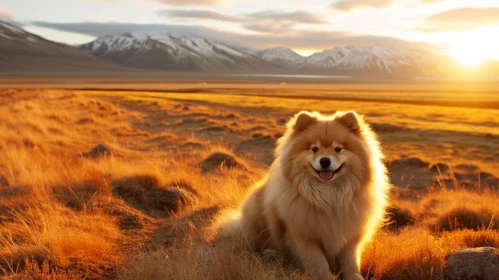Luminescent Landscape with Fluffy Dog in Field