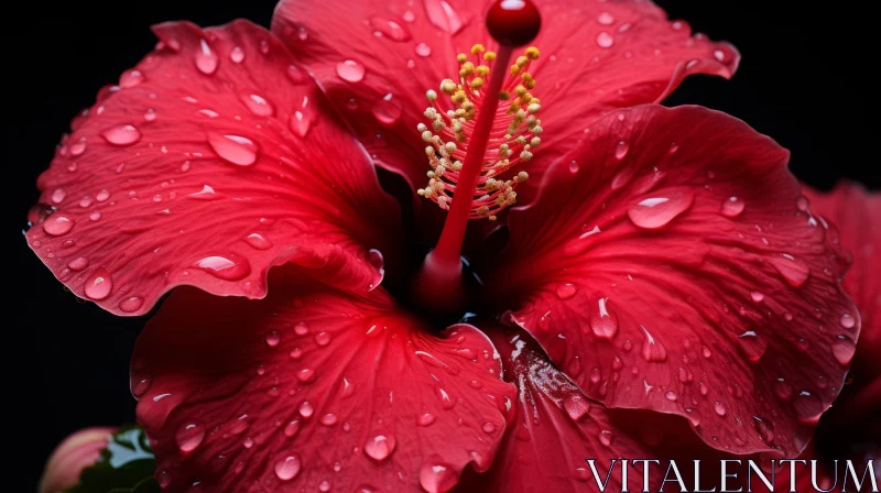 AI ART Red Hibiscus Flower with Raindrops - Nature's Intense Drama