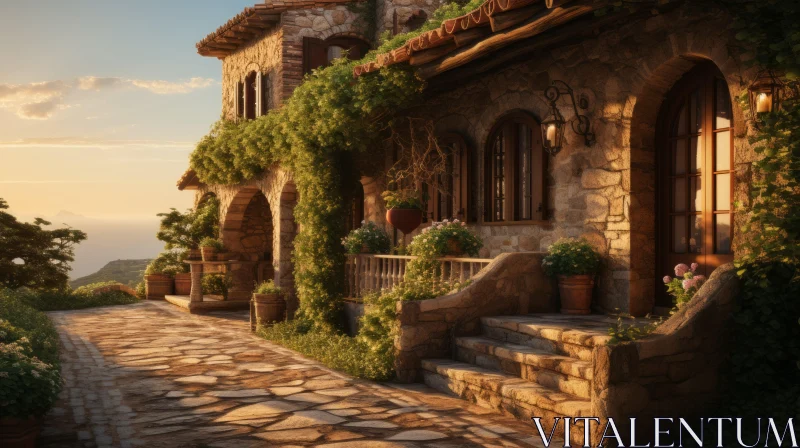 Rustic Mediterranean Stone House with Ivy and Flowers | Sunset Ambiance AI Image
