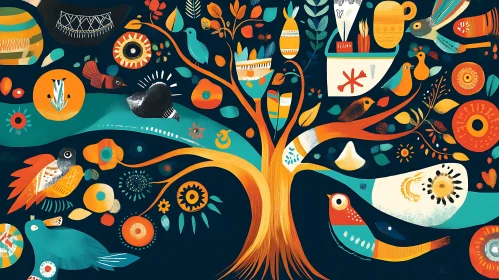 Stylized Tree with Birds and Flowers