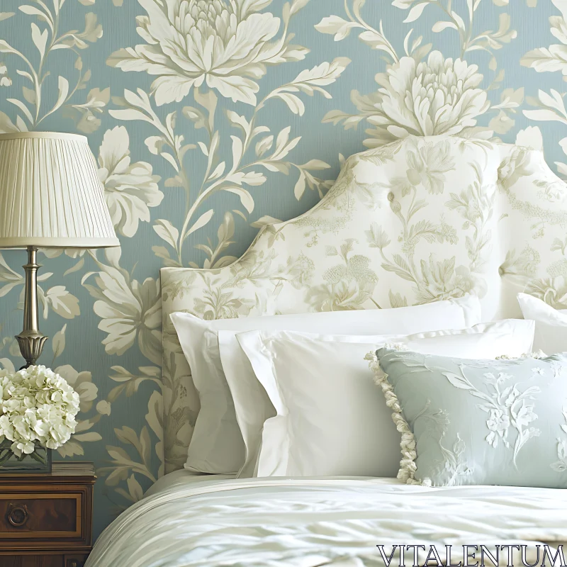 Floral Bedroom with Lamp and White Bedding AI Image