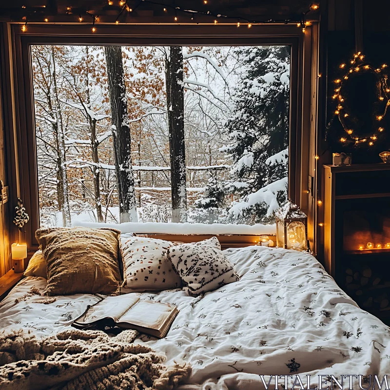 Serene Winter Bedroom with Forest View AI Image