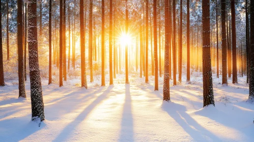 Golden Sunlight in Snowy Winter Forest