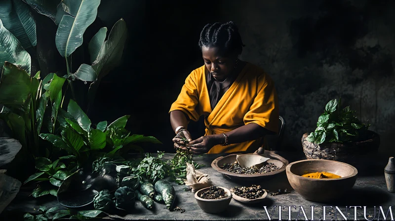 Woman Working with Herbs in Natural Setting AI Image