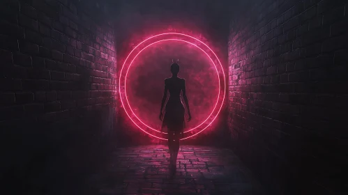 Woman in Neon Circle Tunnel