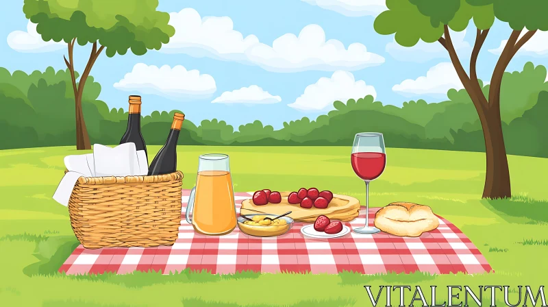 Serene Outdoor Picnic Scene with Wine and Strawberries AI Image