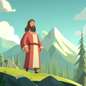 Cartoon Man in Mountain Scenery