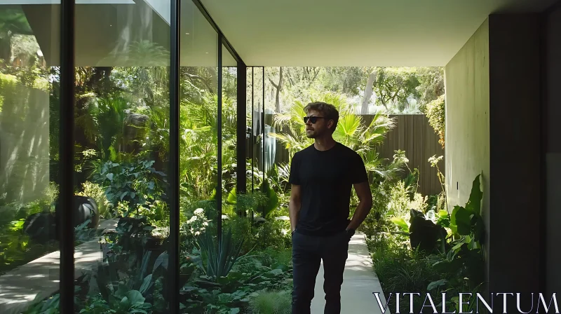 Indoor Garden with Man in Sunglasses AI Image