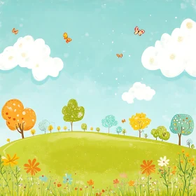 Whimsical Meadow with Butterflies and Trees