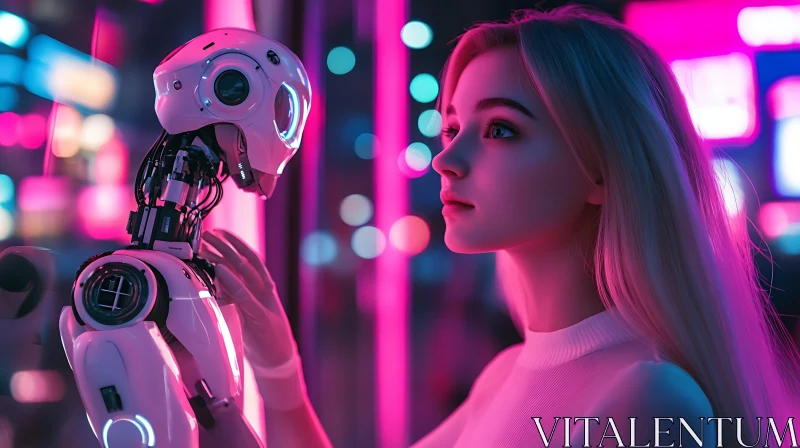 Cyberpunk Scene: Human and Robot Connection AI Image