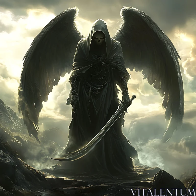 AI ART Winged Reaper with Sword on Mountain