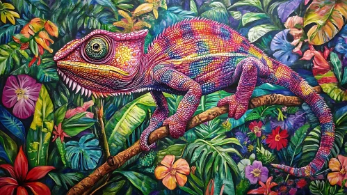 Rainbow Chameleon Among Tropical Flowers Artwork