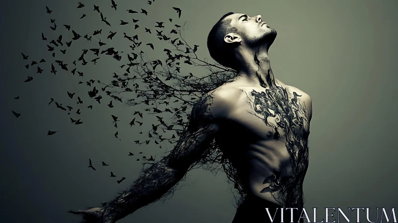 Surreal Body Art with Flying Birds AI Image