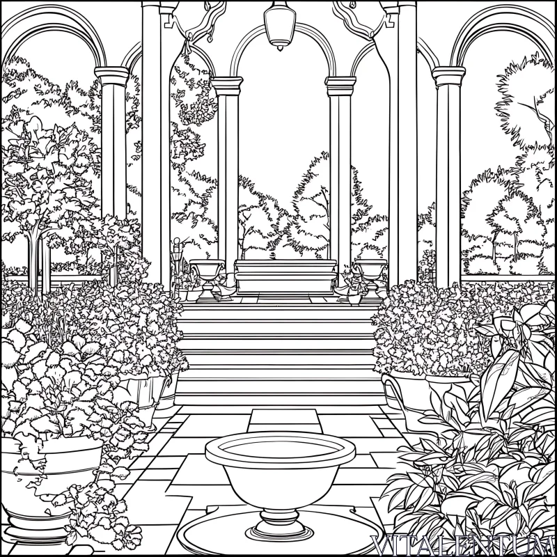 Monochrome Garden Architecture Drawing AI Image