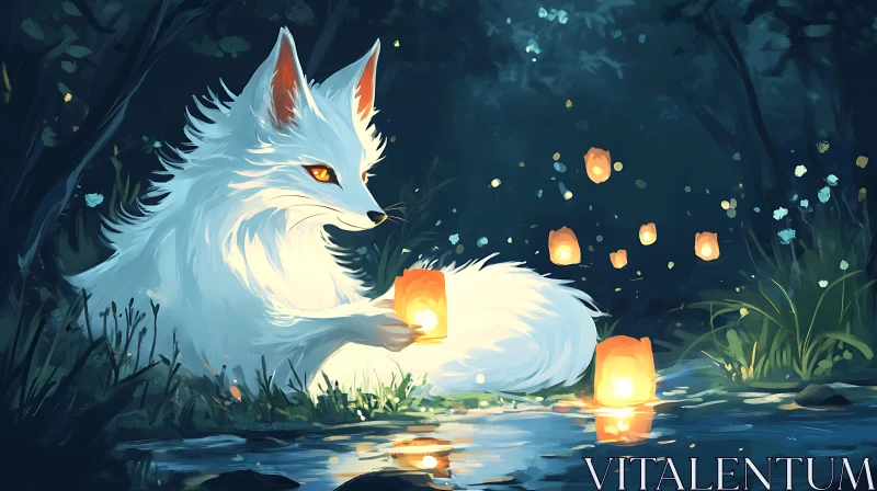 Mystical Fox with Floating Lights AI Image