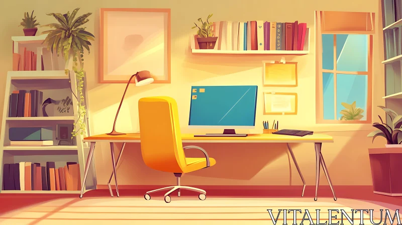 AI ART Sunlit Workspace with Desk and Bookshelves