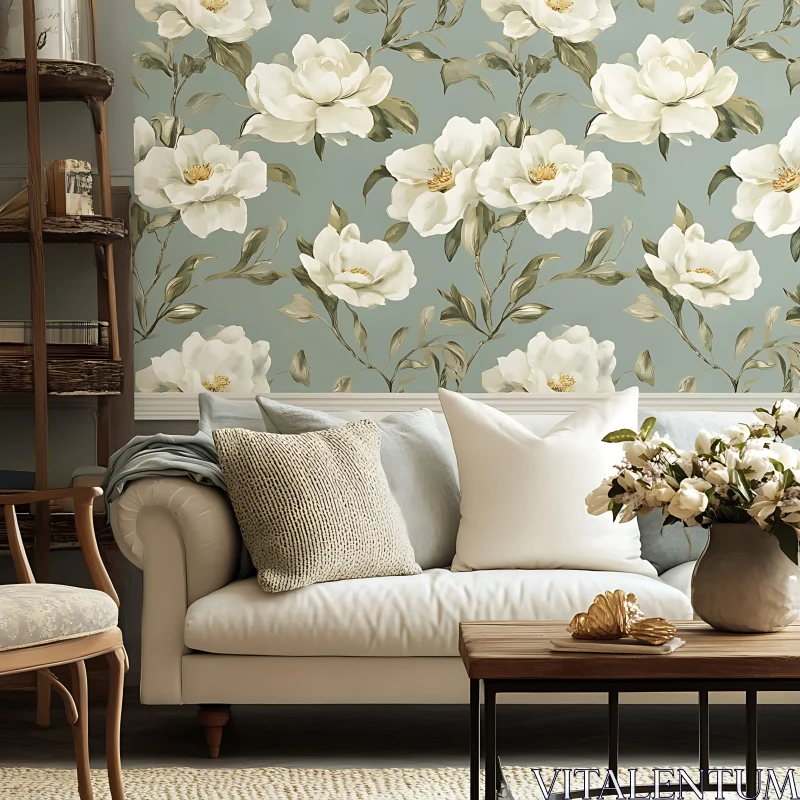 AI ART Floral Wallpaper and Comfortable Living Room