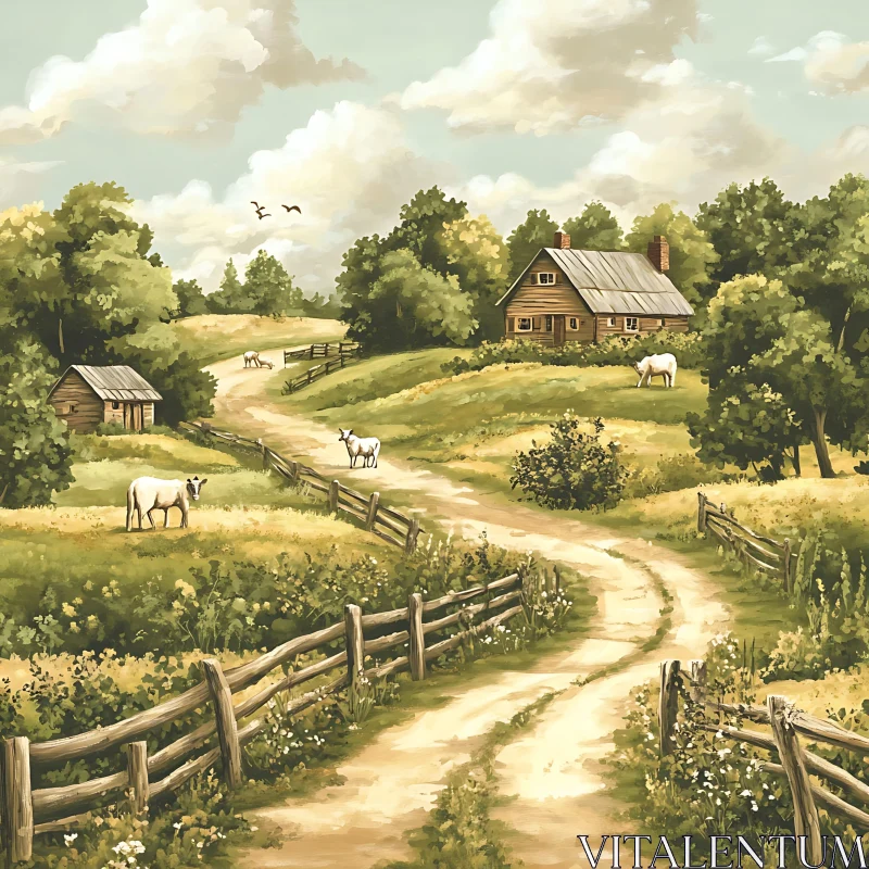 AI ART Rustic Farm Painting with Cottage and Animals