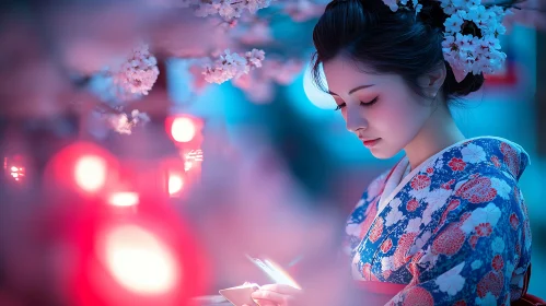 Japanese Beauty with Floral Kimono