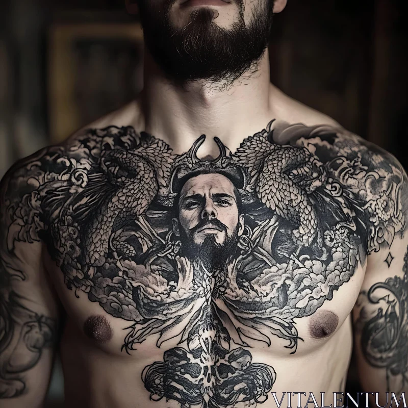 AI ART Detailed Chest Tattoo Art with Dragons and Mythical Elements