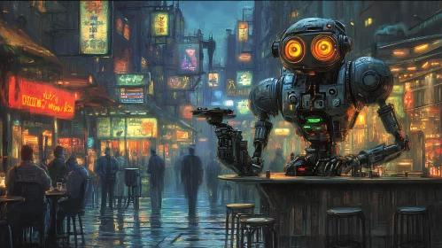 Futuristic Bar Scene with Robot