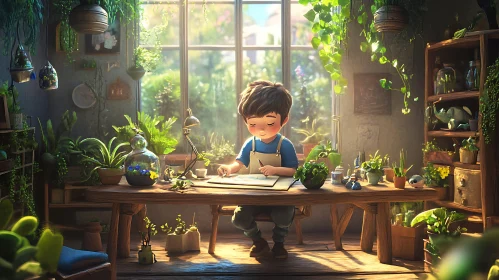 Indoor Garden Art: Boy's Drawing Session
