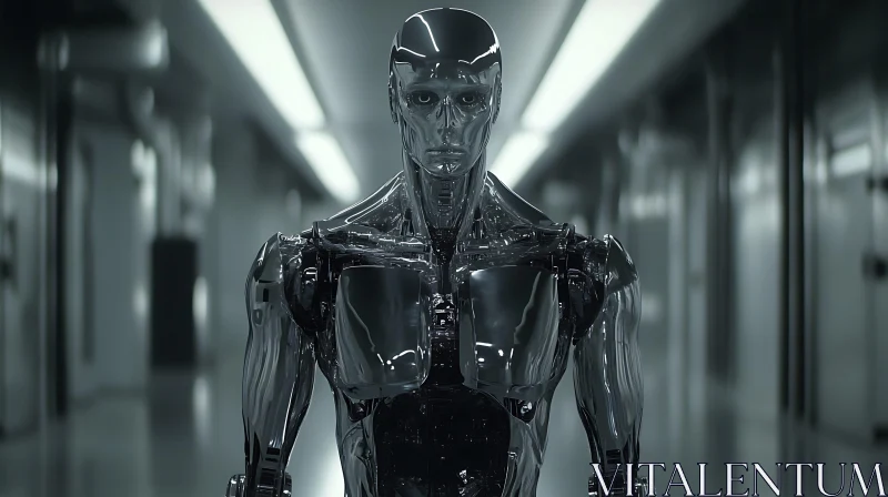 Advanced Cyborg in High-Tech Hallway AI Image