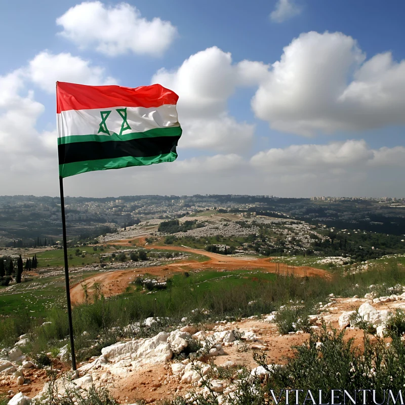 AI ART Flag on a Hill Overlooking a City