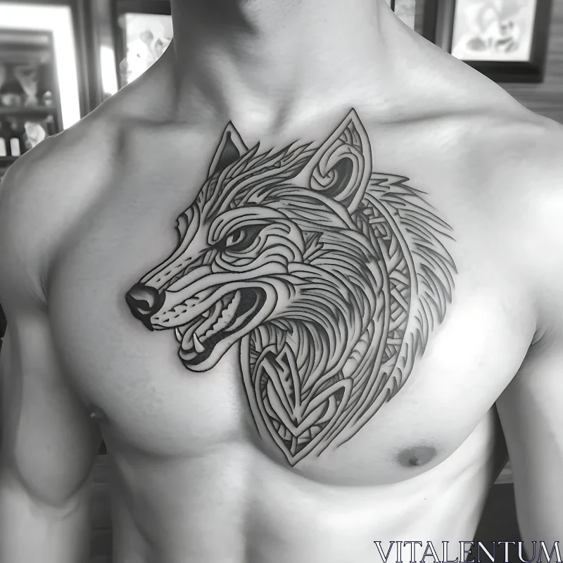 Geometric Patterned Wolf Chest Tattoo AI Image