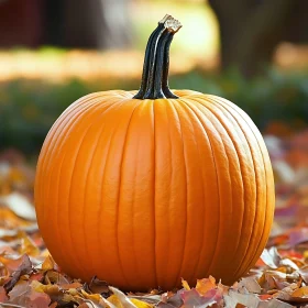 Pumpkin amongst fallen leaves