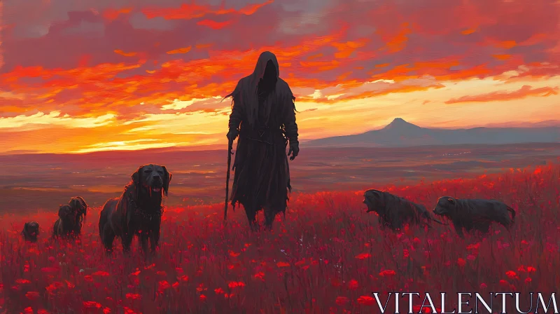 AI ART Cloaked Figure with Dogs at Sunset