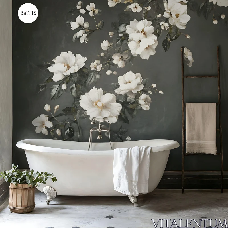 AI ART Vintage Bathroom with Floral Wall Decor