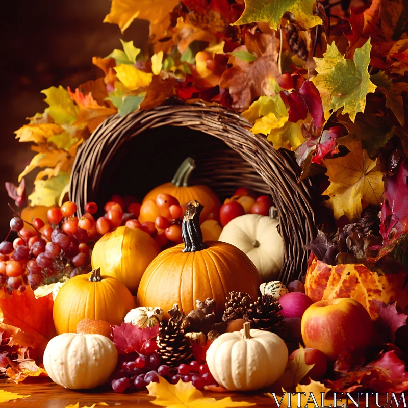 Fall Harvest Cornucopia with Pumpkins and Leaves AI Image