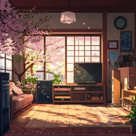 Peaceful Interior with Cherry Blossom View