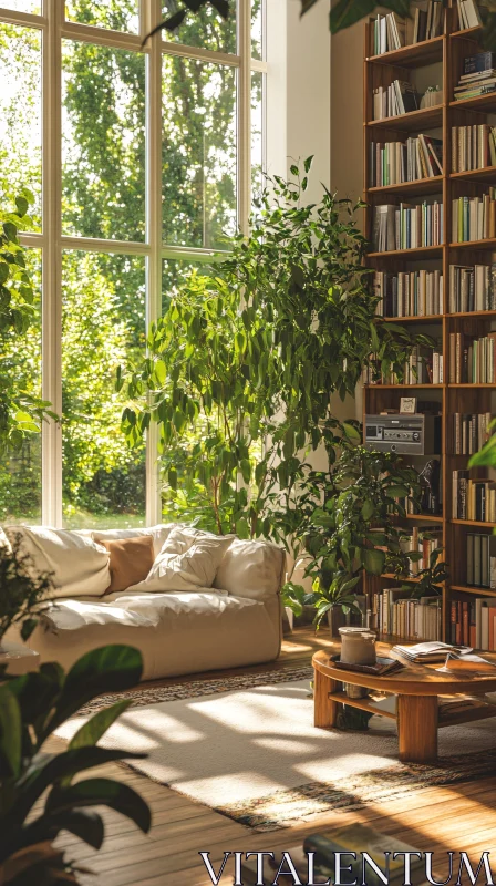 Indoor Oasis: Bookshelf and Natural Light AI Image