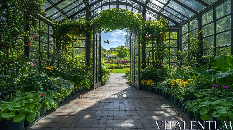 Lush Greenhouse Interior with Garden Vista AI Image