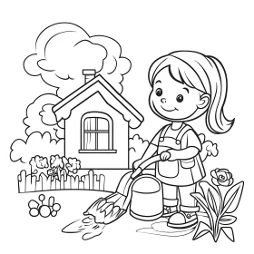 Cartoon Girl Gardening Coloring Page