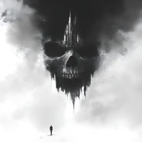 Monochrome Skull and Castle Illustration